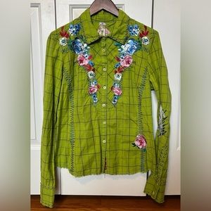 Johnny Was 3J Workshop “Rodeo Rose” Embroidered Western Shirt green Small S